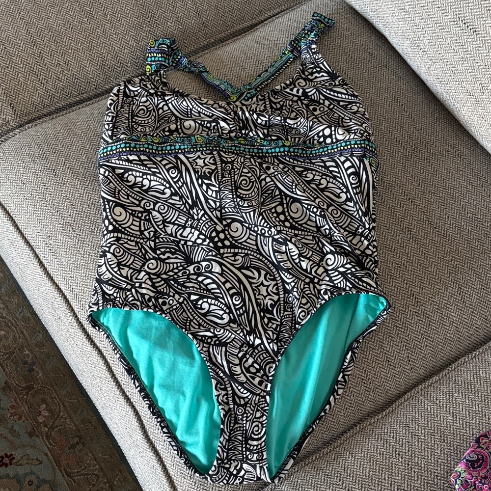 Title Nine Black and White One Piece with Teal Highlights